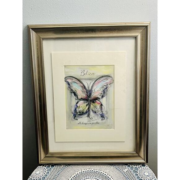 Framed Butterfly Mixed Media Hand Embellished Signed Art By Artist Lori Hlavsa